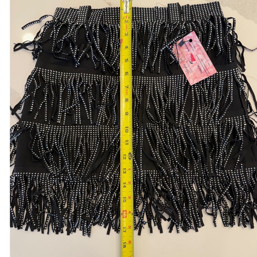 Huo Huo Womens Black Rhinestone Tiered Fringe Mini Skirt Size M 6659 New - Picture 9 of 9